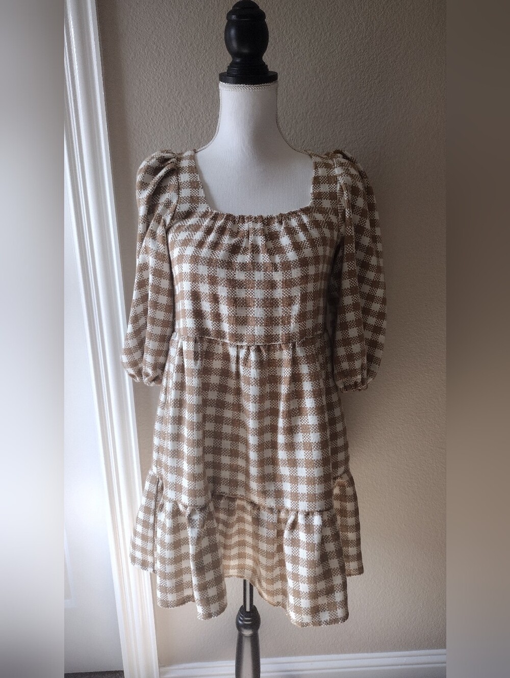 NWOT By The River Plaid Smocked Mini Babydoll Style Dress in Beige and White